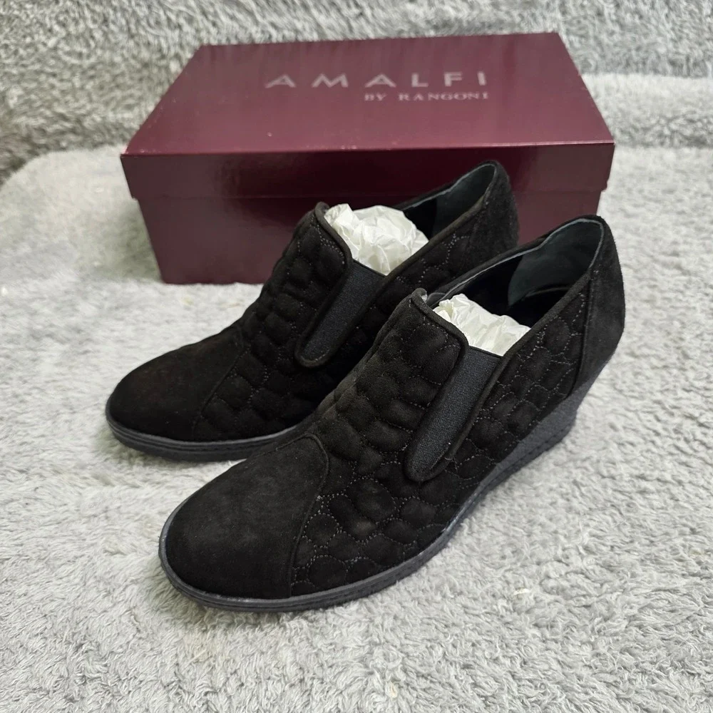 NEW Amalfi Rangoni Black Italian Suede‎ Leather Quilted Wedge Slip On Shoes 7.5N